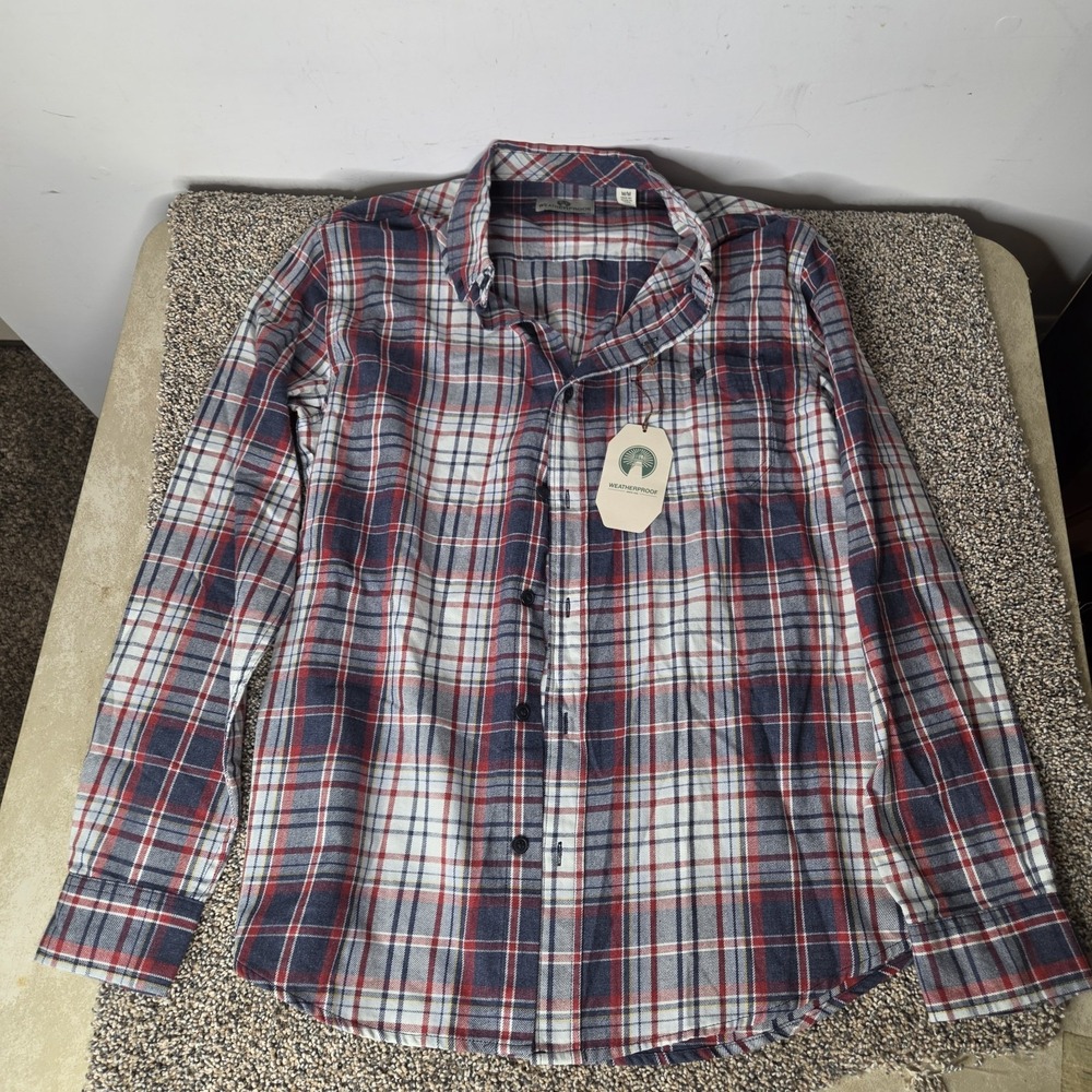 Weatherproof Mens Plaid Flannel Button Down Shirt Red Navy White Size Medium NWT